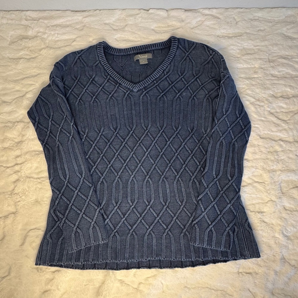 Natural Reflections Blue Cotton Diamond Cable Knit V-Neck Sweater Womens Medium